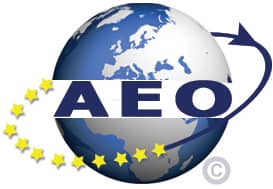 A globe with "AEO" in bold letters across it, encircled by yellow stars and a blue arrow, representing Authorized Economic Operator status.
