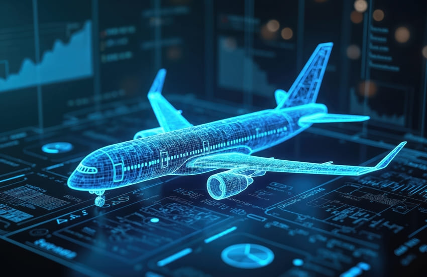 A digital wireframe model of an airplane displayed on a high-tech screen with data charts and technical diagrams in the background.