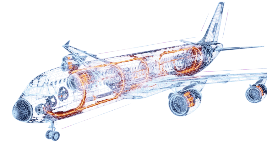 Transparent wireframe illustration of a commercial airplane, highlighting internal systems and engine components in orange.