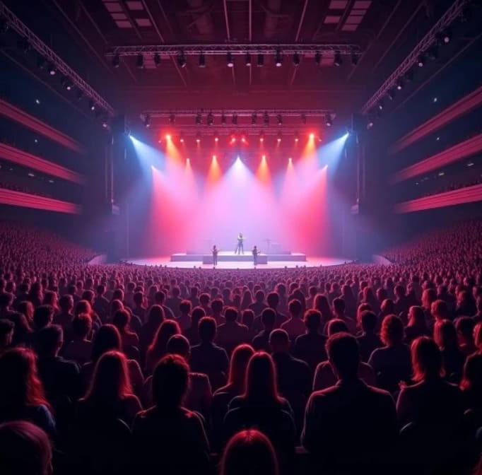 A large audience sits in a concert hall facing a brightly lit stage with performers under red and white spotlights.