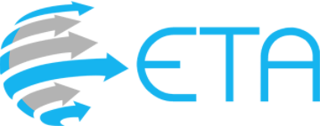 A logo with blue and gray arrows forming a partial globe, next to the blue capital letters "ETA" on a light background.
